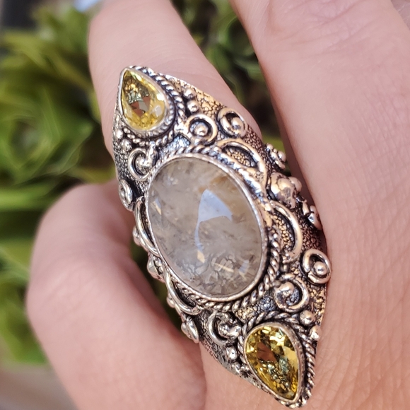 New Golden Rutile & Citrine 925 Silver Statement Ring. - Picture 7 of 16